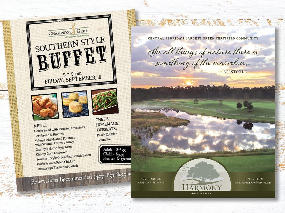 A flier for Champions Grill and a magazine ad for Harmony Preserve in St. Cloud, FL