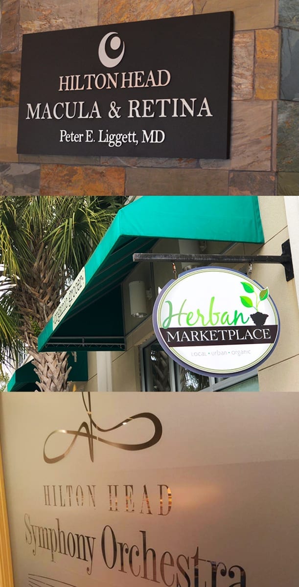 A collage of three photos of Hilton Head Macula & Retina sign, Herban Marketplace hanging sign and Hilton Head Symphony Orchestra frosted glass