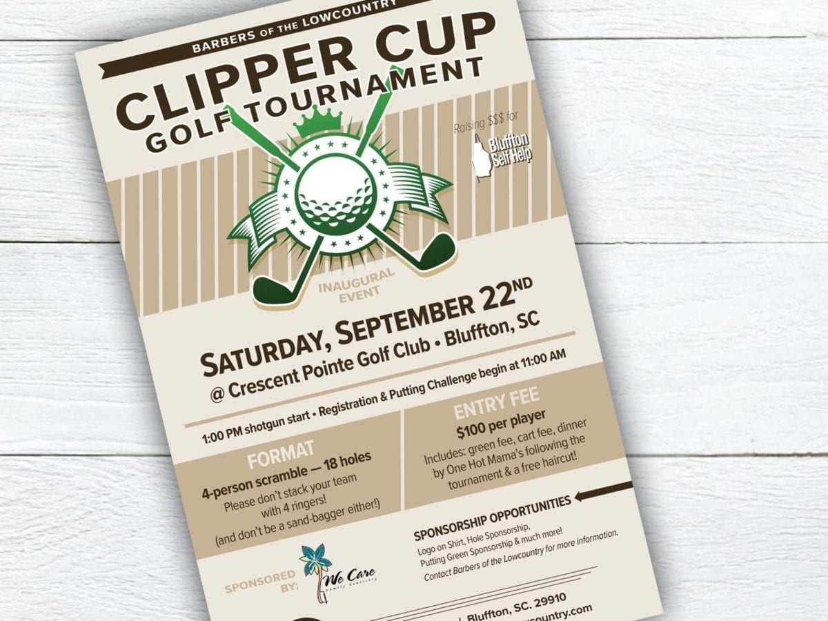 A poster promoting the Barbers of the Lowcountry's Clipper Cup Golf  Tournament