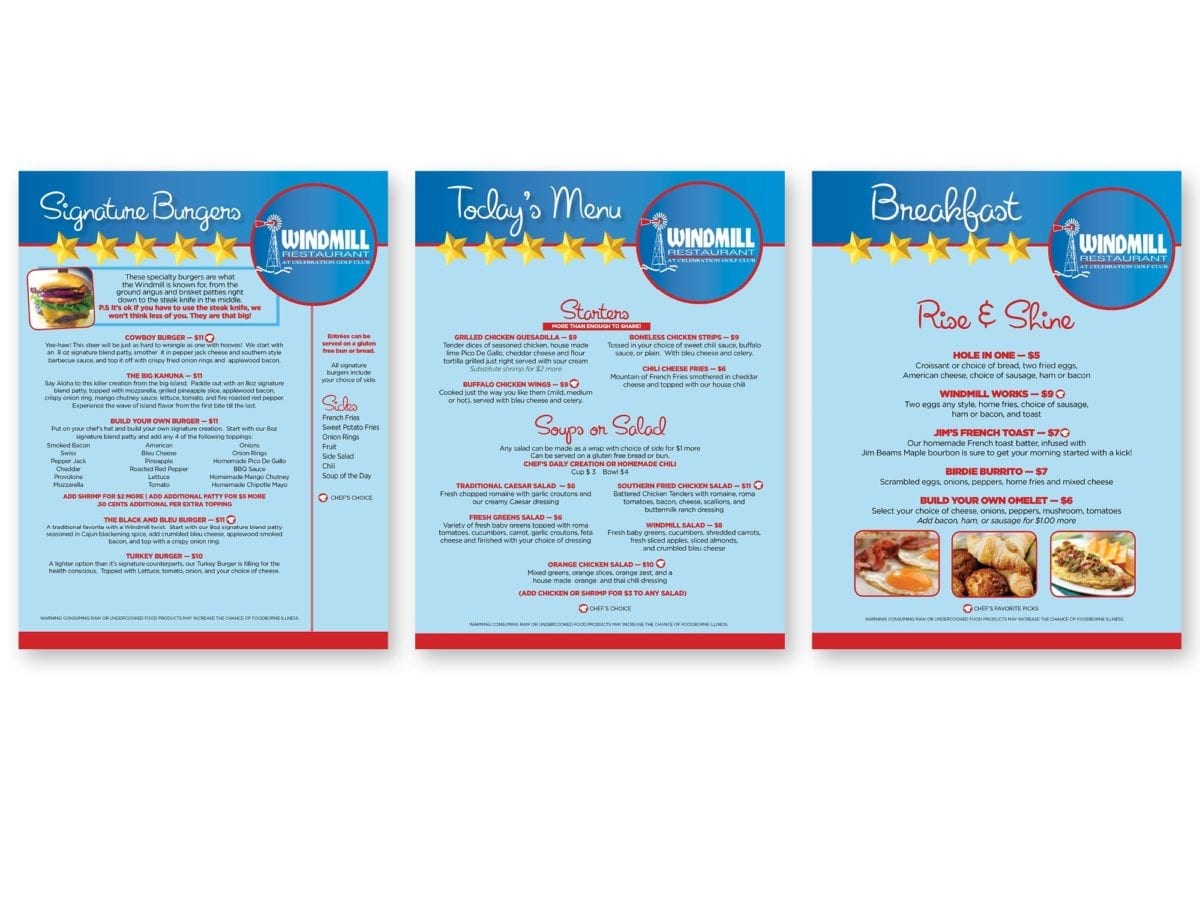 Three colorful pages of a menu for Windmill Restaurant