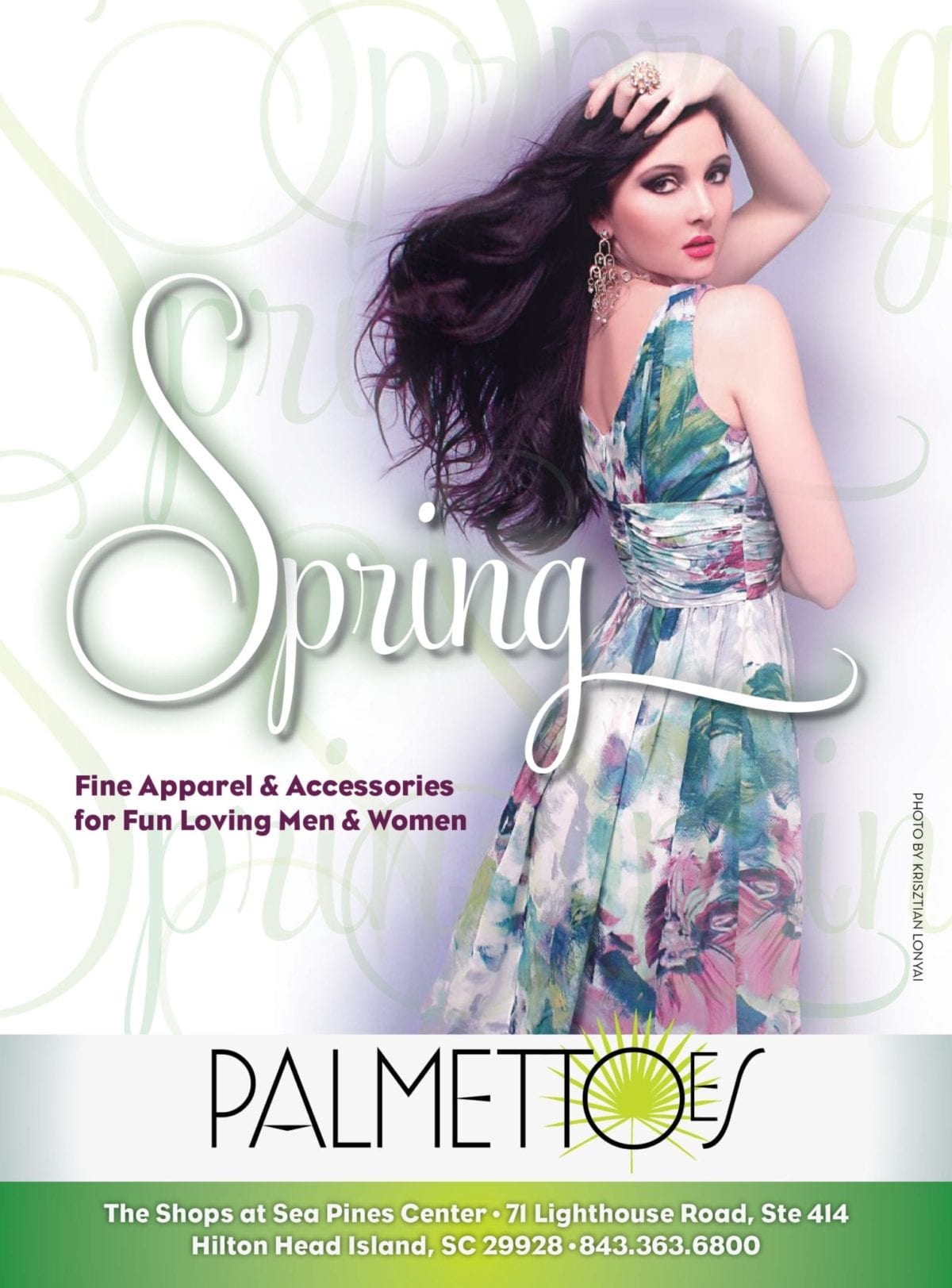 A full-page advertisement for a fashion boutique featuring a model with long brown hair and a floral dress