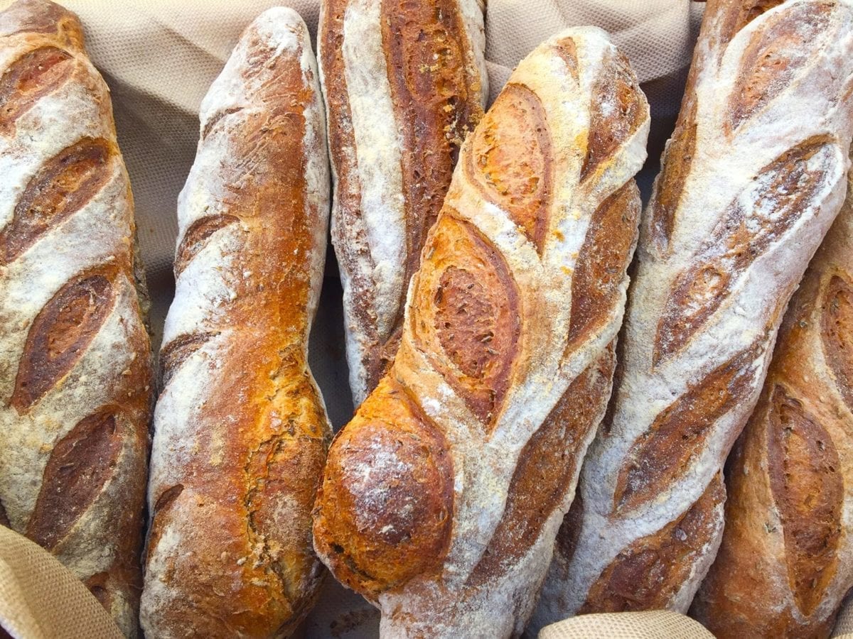 Decorative boules of bread lay in a basket