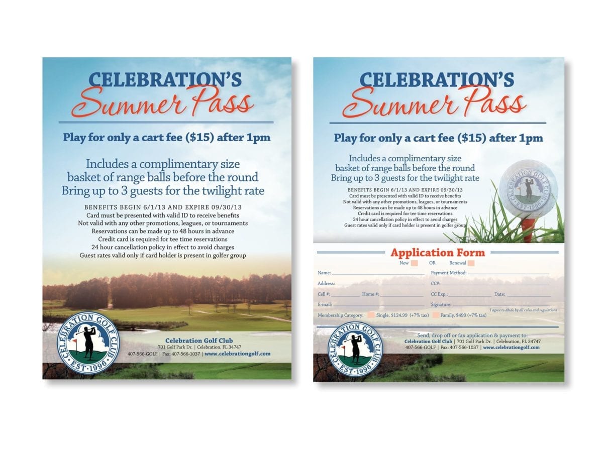 To colorful fliers advertising Celebration Golf Club's Summer Pass
