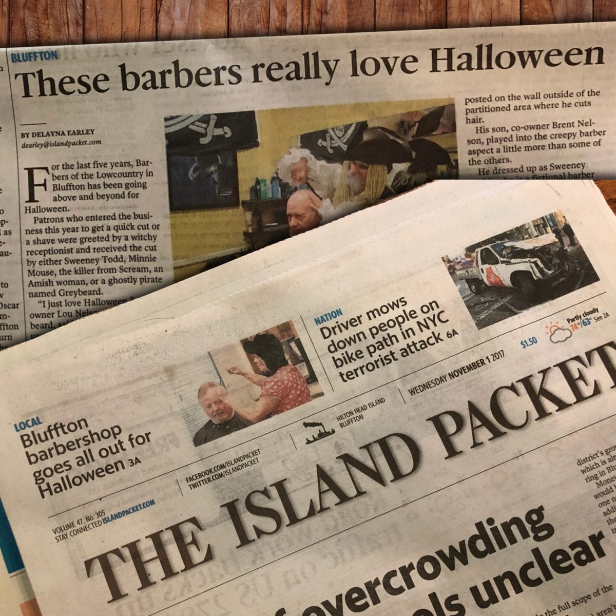 The front page of The Island Packet newspaper displays a photo and headline featuring Barbers of the Lowcountry