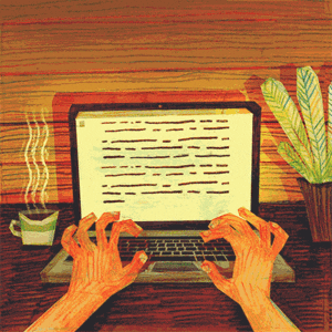Animated hands type on a laptop that sits next to a plan and a cup of coffee.