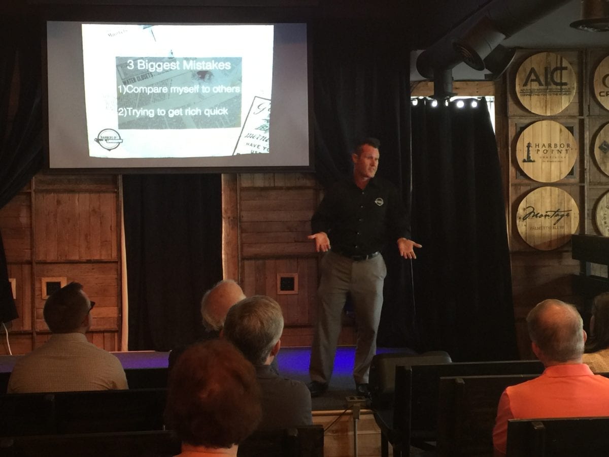 Brent Nelsen, owner of Barbers of the Lowcountry, gives a presentation at the Don Ryan Center's "How I Built It" series for the local business community