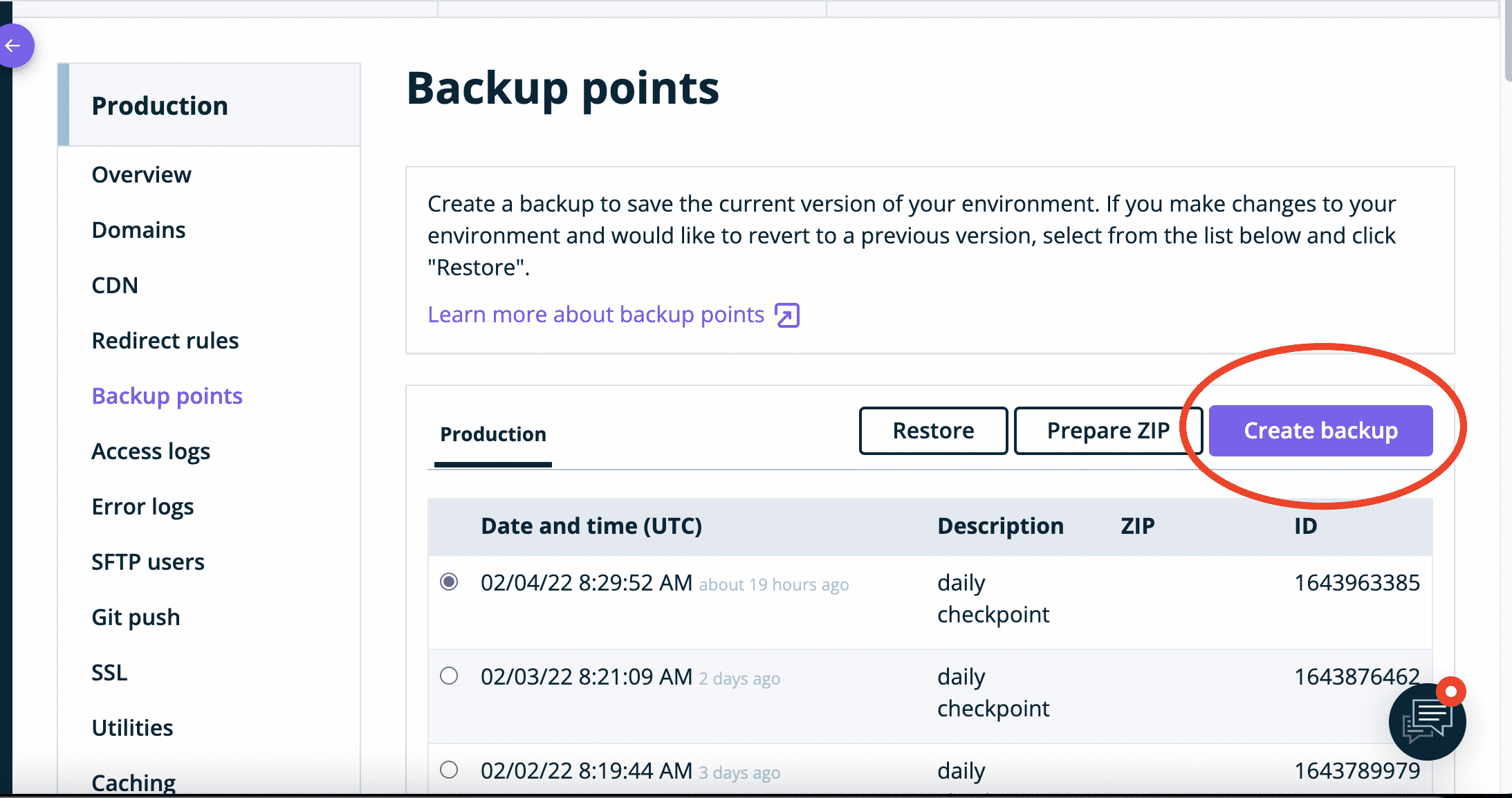 Screenshot of Wp Engine client dashboard backups